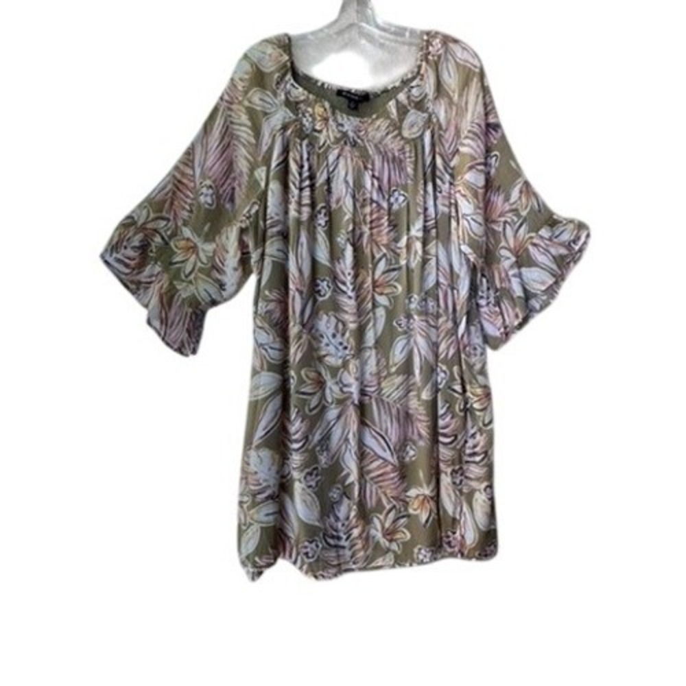 Bobeau Womens Olive Green Tropical Floral Smocked Neck Bell Sleeve Dress 2X